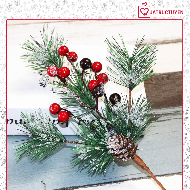 Cành thông decor trang trí Noel, Tết kết hợp đào đồng, quả thông khô phủ tuyết  giáng sinh dài 30cm