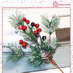 Cành thông decor trang trí Noel, Tết kết hợp đào đồng, quả thông khô phủ tuyết giáng sinh dài 30cm