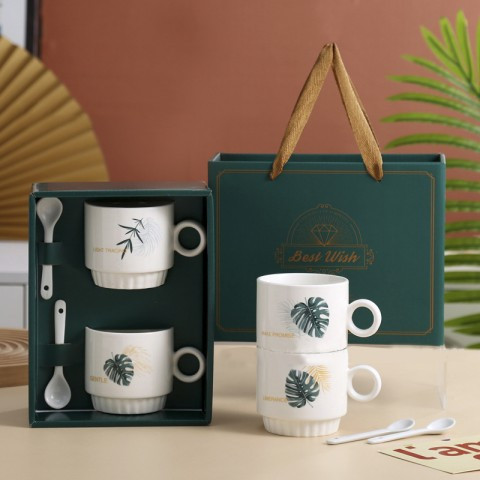 Bộ quà tặng người yêu Valentine đôi cốc sứ lá cây Tropical kèm hộp đựng tặng bạn bè, đồng nghiệp
