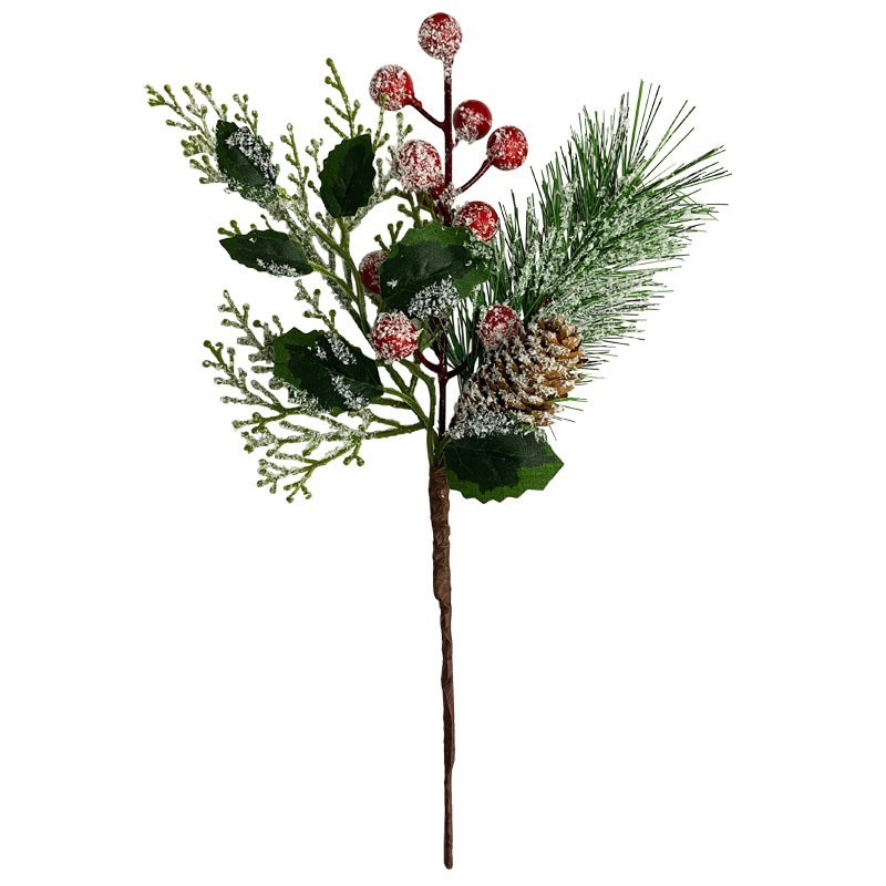 Cành thông decor trang trí Noel, Tết kết hợp đào đồng, quả thông khô phủ tuyết  giáng sinh dài 30cm