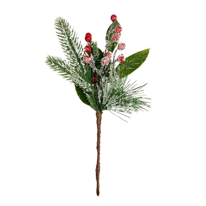 Cành thông decor trang trí Noel, Tết kết hợp đào đồng, quả thông khô phủ tuyết  giáng sinh dài 30cm