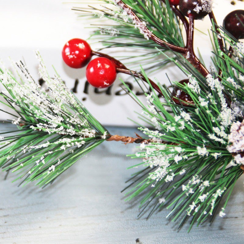 Cành thông decor trang trí Noel, Tết kết hợp đào đồng, quả thông khô phủ tuyết  giáng sinh dài 30cm