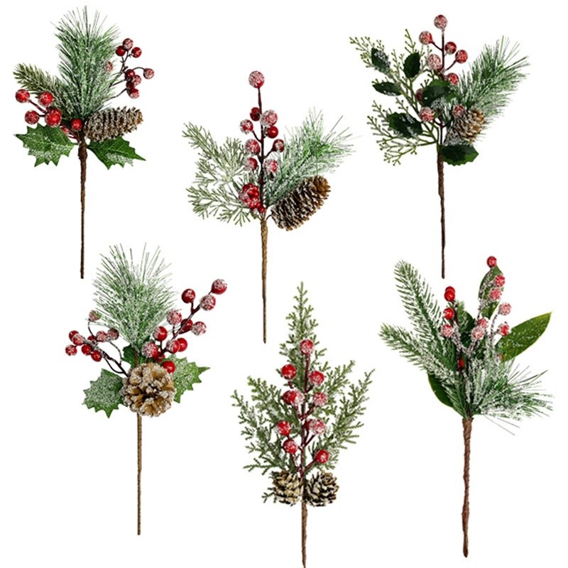 Cành thông decor trang trí Noel, Tết kết hợp đào đồng, quả thông khô phủ tuyết  giáng sinh dài 30cm