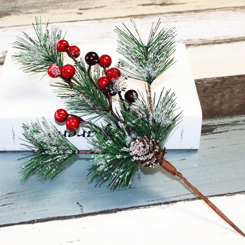 Cành thông decor trang trí Noel, Tết kết hợp đào đồng, quả thông khô phủ tuyết  giáng sinh dài 30cm