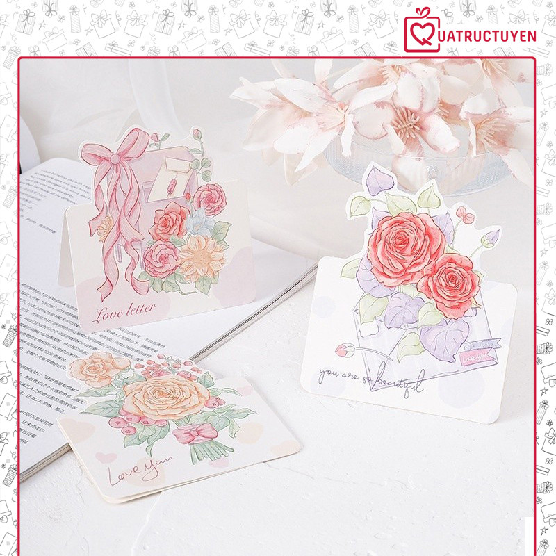 Thiệp bưu thiếp hình màu sắc tươi tắn, bó hoa romantic hoa hồng, tulip TH04 thiệp giấy chúc mừng