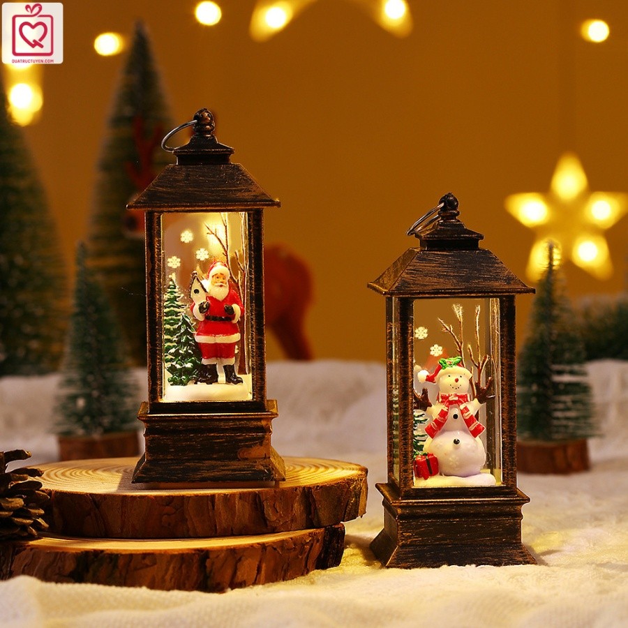 Đèn măng xông Giáng sinh cổ điển, Đèn Noel hiệu ứng tuyết rơi ánh sáng vàng lấp lánh 13cm