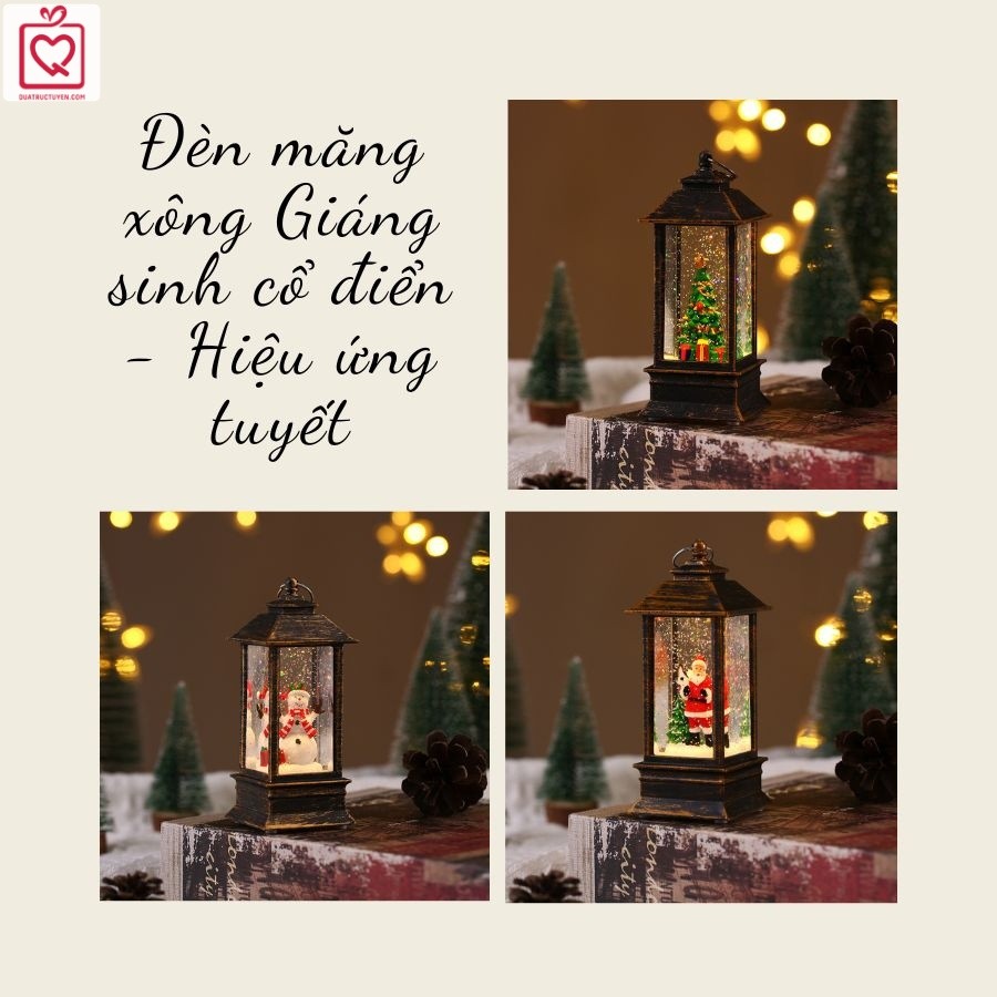 Đèn măng xông Giáng sinh cổ điển, Đèn Noel hiệu ứng tuyết rơi ánh sáng vàng lấp lánh 13cm