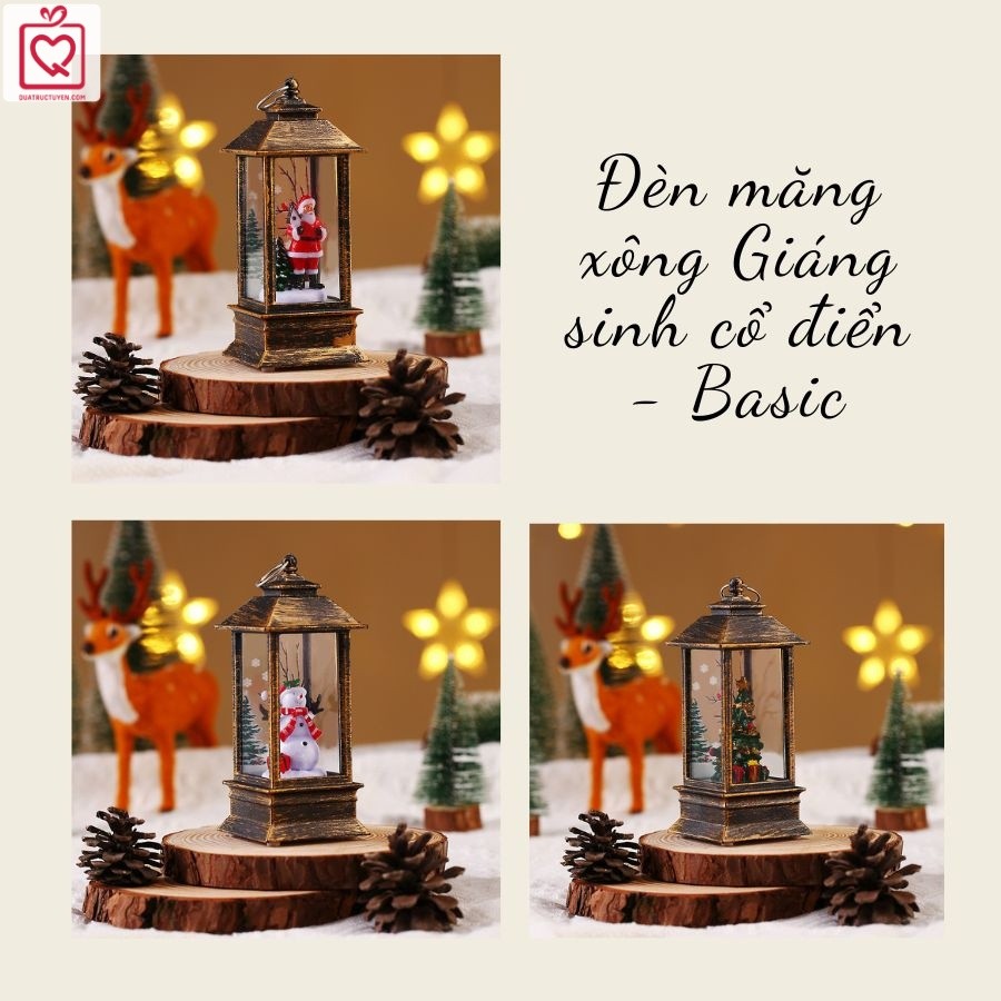 Đèn măng xông Giáng sinh cổ điển, Đèn Noel hiệu ứng tuyết rơi ánh sáng vàng lấp lánh 13cm