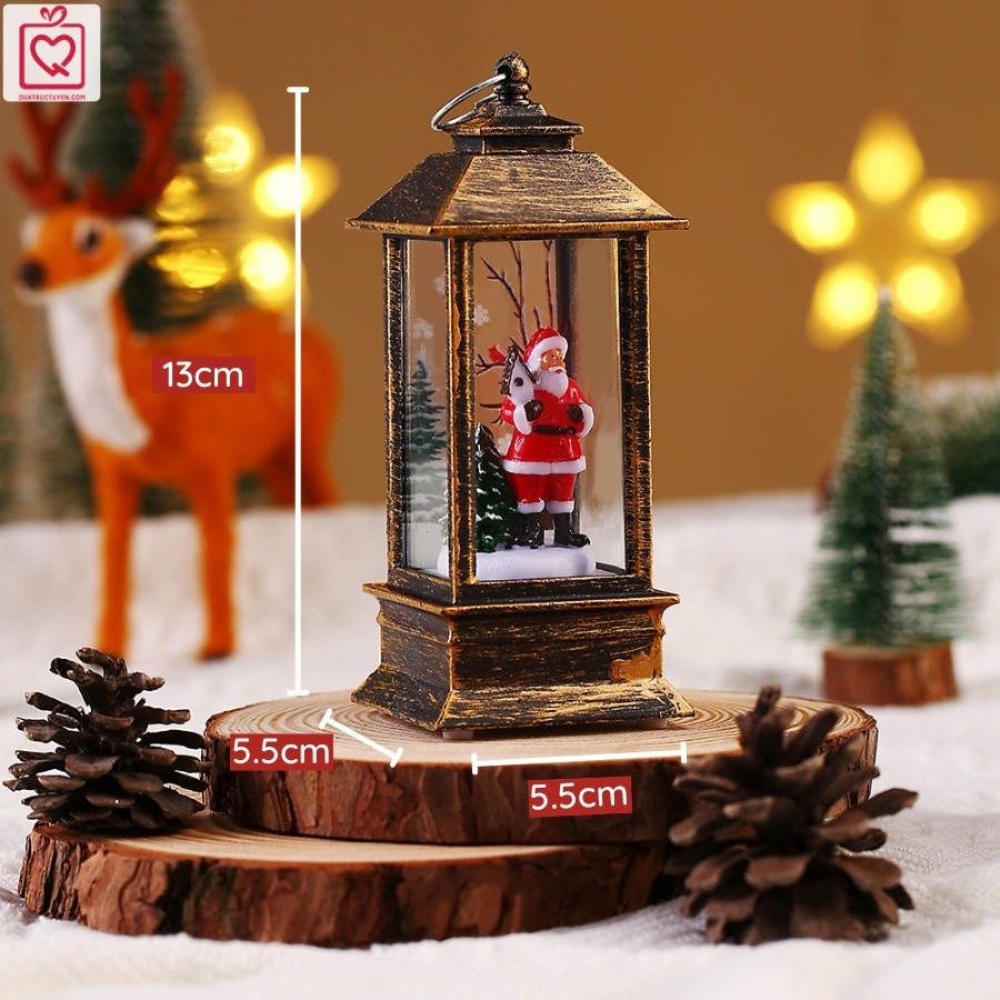 Đèn măng xông Giáng sinh cổ điển, Đèn Noel hiệu ứng tuyết rơi ánh sáng vàng lấp lánh 13cm