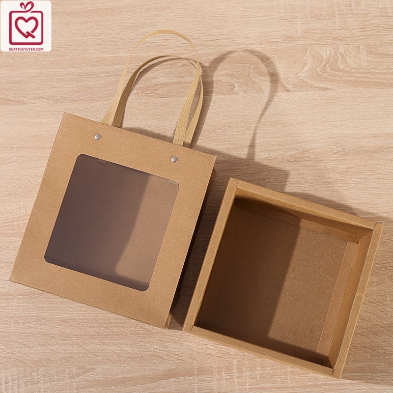 Hộp quà mặt kính có quai xách 18x18cm H27 hộp đựng quà tặng ô cửa nhựa mica kèm rơm giấy