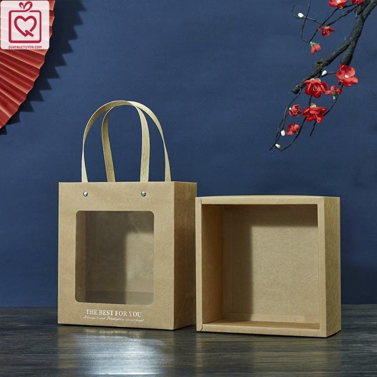 Hộp quà mặt kính có quai xách 18x18cm H27 hộp đựng quà tặng ô cửa nhựa mica kèm rơm giấy