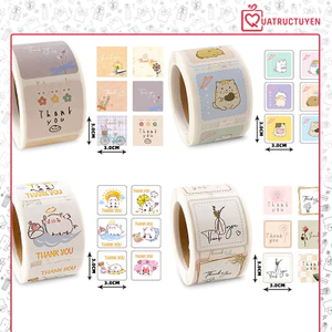 Cuộn 300 decal sticker trang trí kiểu bưu thiếp TE35 Thank you, tem Cảm ơn dán bao bì hộp vintage