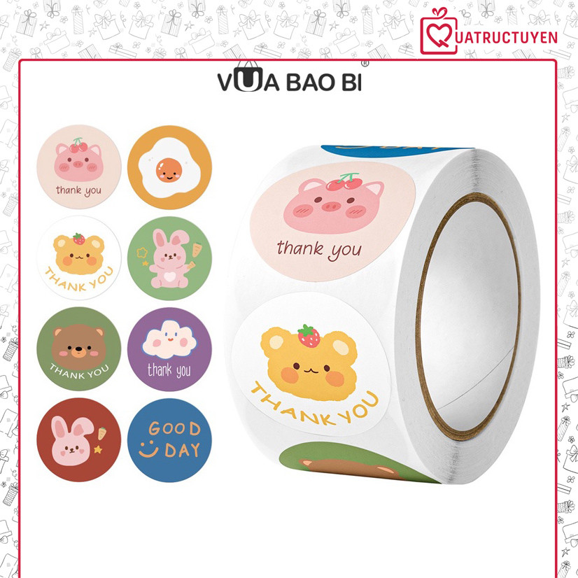 Sticker Cuộn 500 nhãn tròn niêm phong dán hộp túi đóng hàng TE03decal trang trí bao bì dễ thương