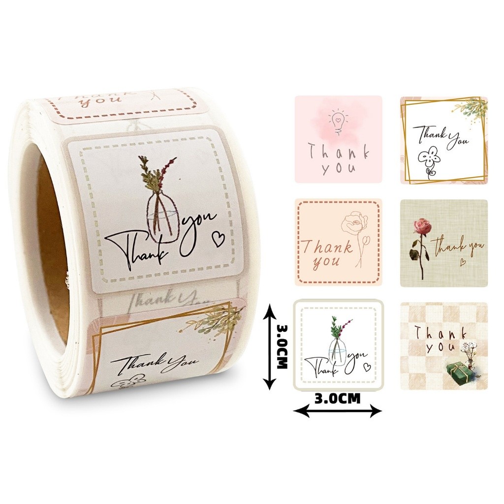Cuộn 300 decal sticker trang trí kiểu bưu thiếp TE35 Thank you, tem Cảm ơn dán bao bì hộp vintage