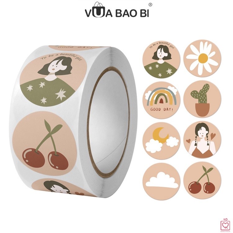 Sticker Cuộn 500 nhãn tròn niêm phong dán hộp túi đóng hàng TE03decal trang trí bao bì dễ thương