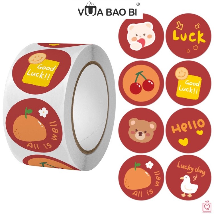 Sticker Cuộn 500 nhãn tròn niêm phong dán hộp túi đóng hàng TE03decal trang trí bao bì dễ thương
