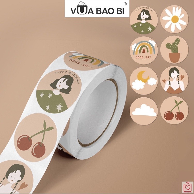 Sticker Cuộn 500 nhãn tròn niêm phong dán hộp túi đóng hàng TE03decal trang trí bao bì dễ thương