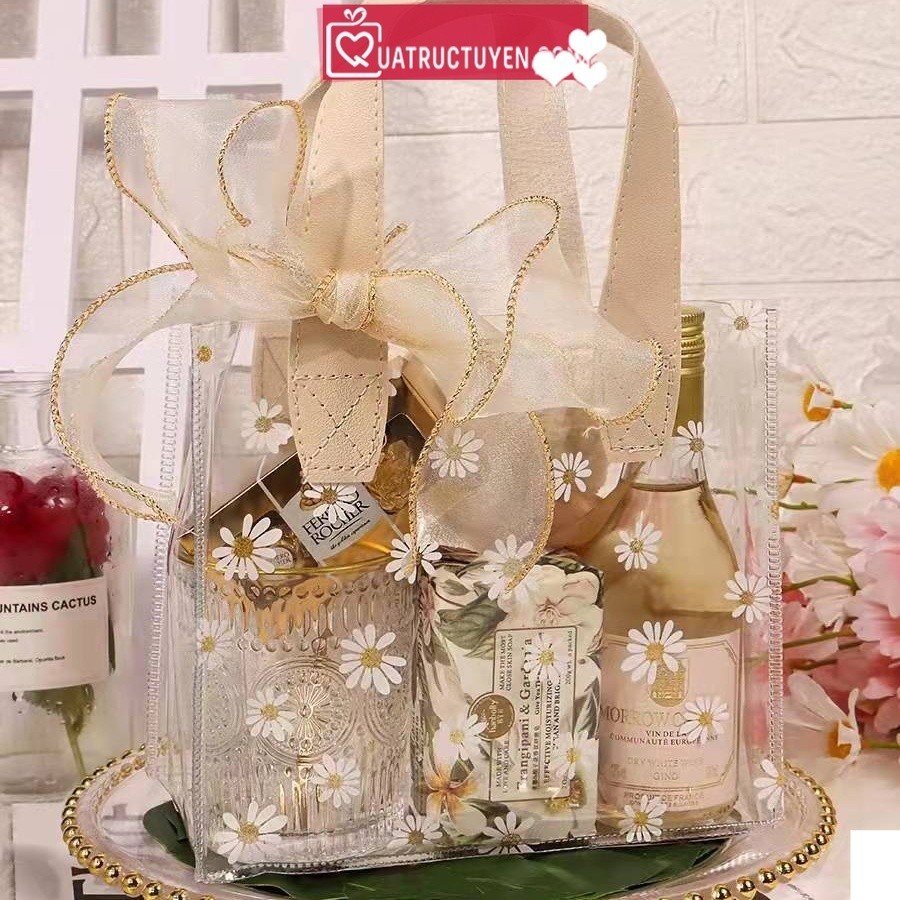 Túi nhựa PVC hoa cúc daisy trong suốt phong cách Hàn Quốc TU08 có quai cầm tay bằng da màu be decor