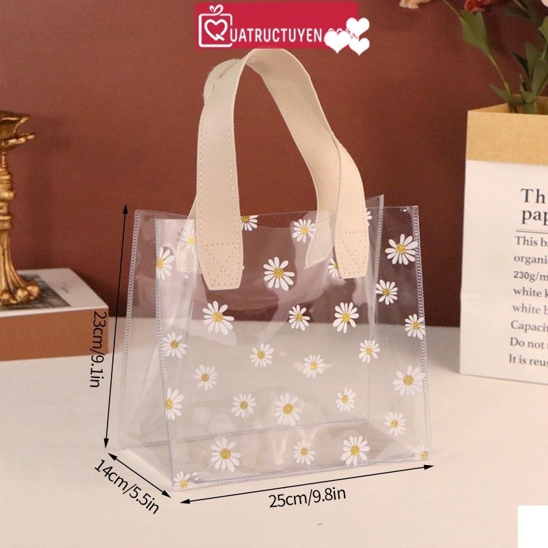 Túi nhựa PVC hoa cúc daisy trong suốt phong cách Hàn Quốc TU08 có quai cầm tay bằng da màu be decor