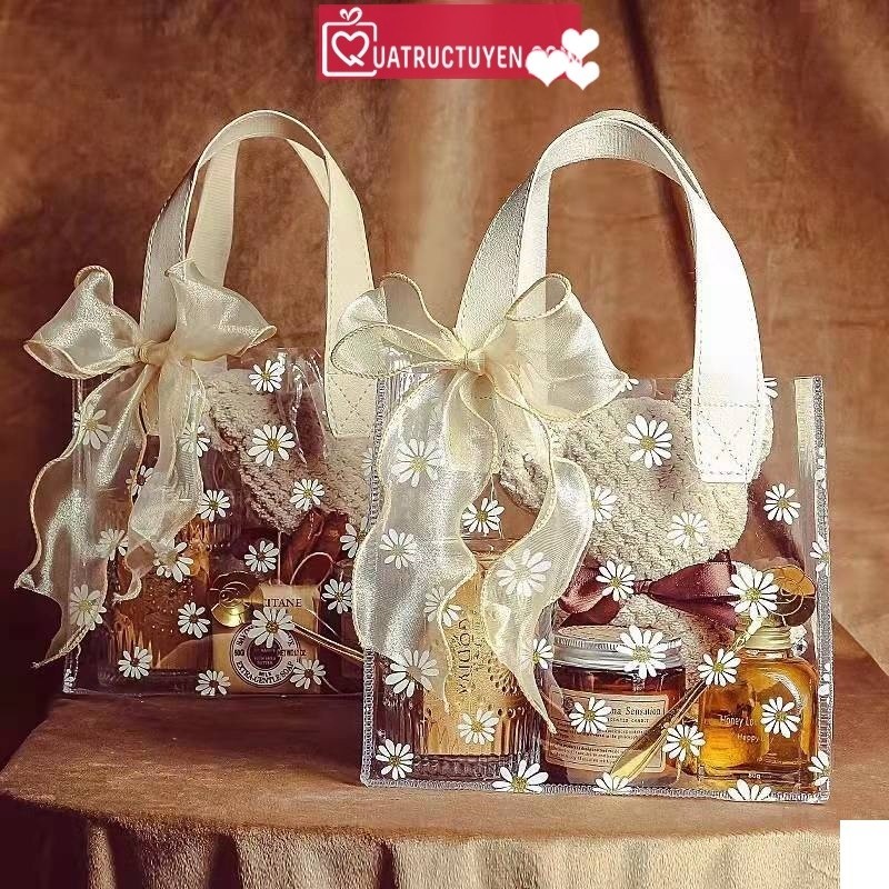 Túi nhựa PVC hoa cúc daisy trong suốt phong cách Hàn Quốc TU08 có quai cầm tay bằng da màu be decor