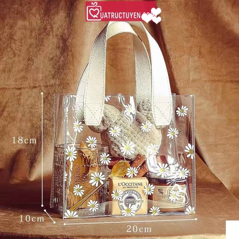 Túi nhựa PVC hoa cúc daisy trong suốt phong cách Hàn Quốc TU08 có quai cầm tay bằng da màu be decor