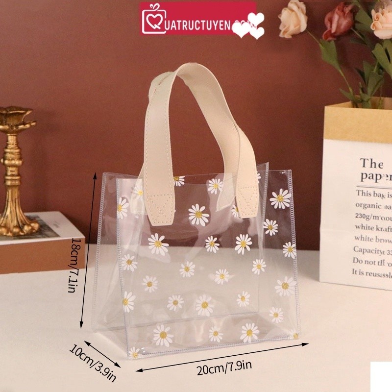 Túi nhựa PVC hoa cúc daisy trong suốt phong cách Hàn Quốc TU08 có quai cầm tay bằng da màu be decor