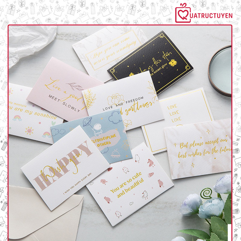 Thiệp giấy chúc mừng thông điệp TH02 bưu thiếp chữ nhũ vàng 7x18cm quà tặng đẹp mắt
