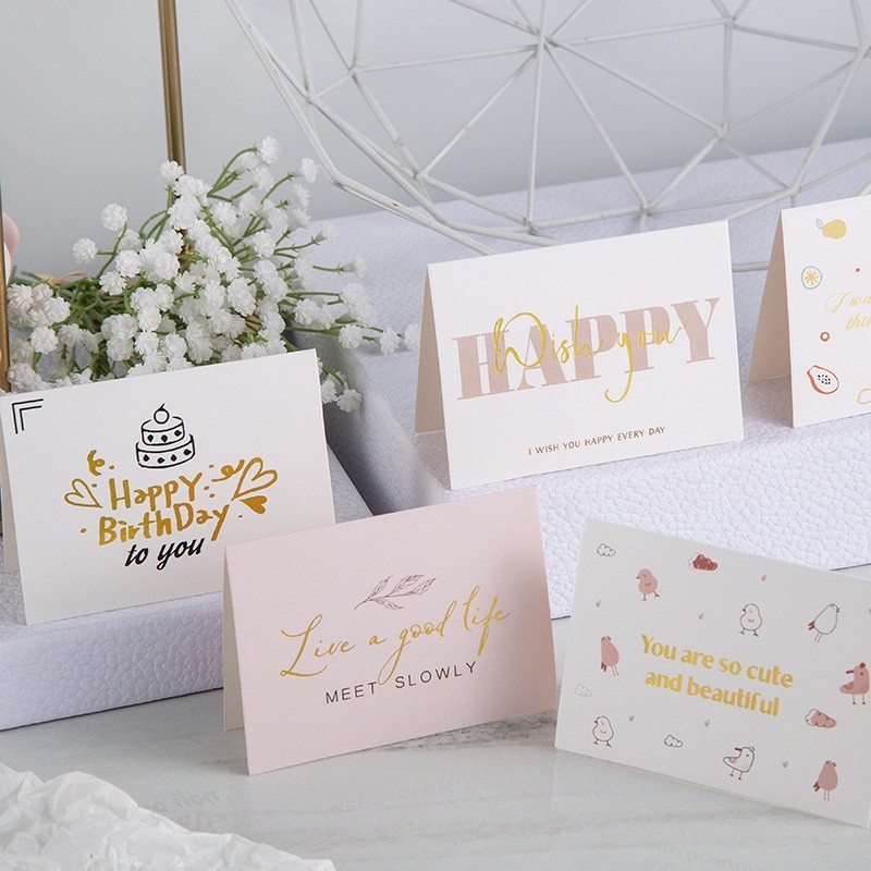 Thiệp giấy chúc mừng thông điệp TH02 bưu thiếp chữ nhũ vàng 7x18cm quà tặng đẹp mắt