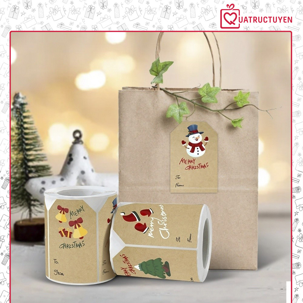 Cuộn 250 tem dán Giáng sinh nền kraft From To TE40 sticker decal Noel dán ghi tên người gửi/nhận quà