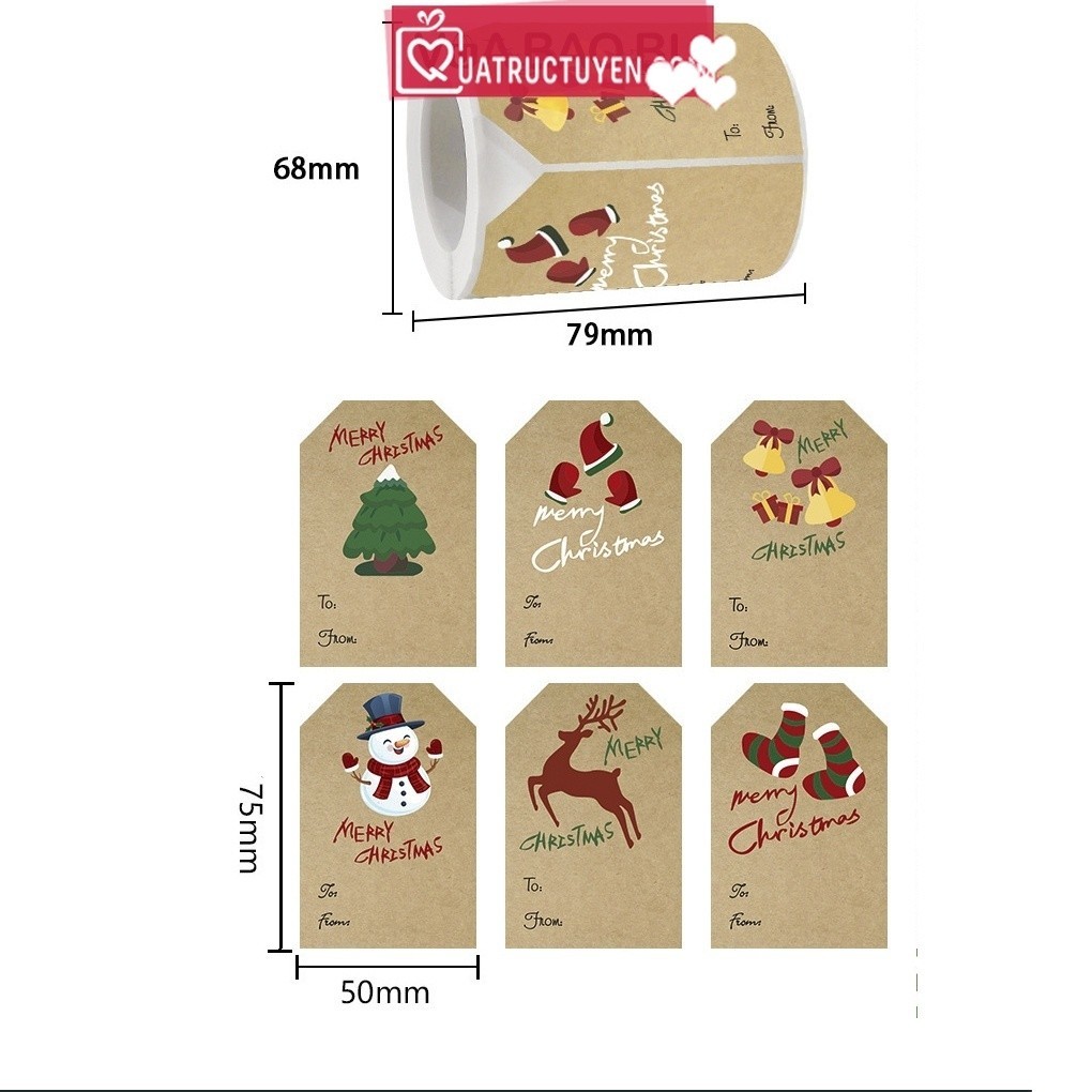 Cuộn 250 tem dán Giáng sinh nền kraft From To TE40 sticker decal Noel dán ghi tên người gửi/nhận quà