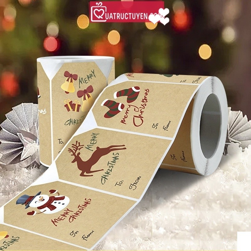Cuộn 250 tem dán Giáng sinh nền kraft From To TE40 sticker decal Noel dán ghi tên người gửi/nhận quà