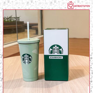 Cốc giữ nhiệt Starbuck 500ml màu xanh mint pastel hoạ tiết độc đáo kèm ống hút cao cấp inox 304