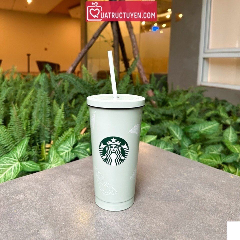 Cốc giữ nhiệt Starbuck 500ml màu xanh mint pastel hoạ tiết độc đáo kèm ống hút cao cấp inox 304