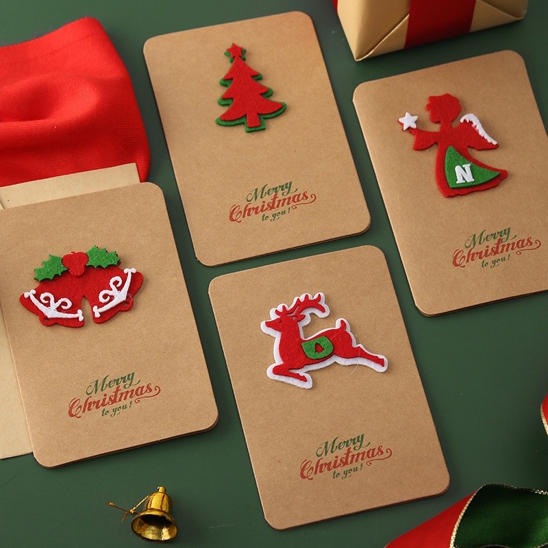 Thiệp Noel kraft kèm phong bì TH07 chúc mừng Giáng sinh họa tiết vải cây thông, người tuyết, chuông