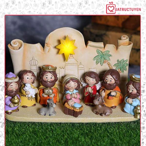 Mô hình hang đá đêm đông Giáng Sinh, trang trí Noel tượng để bàn có ánh đèn vàng ấm áp