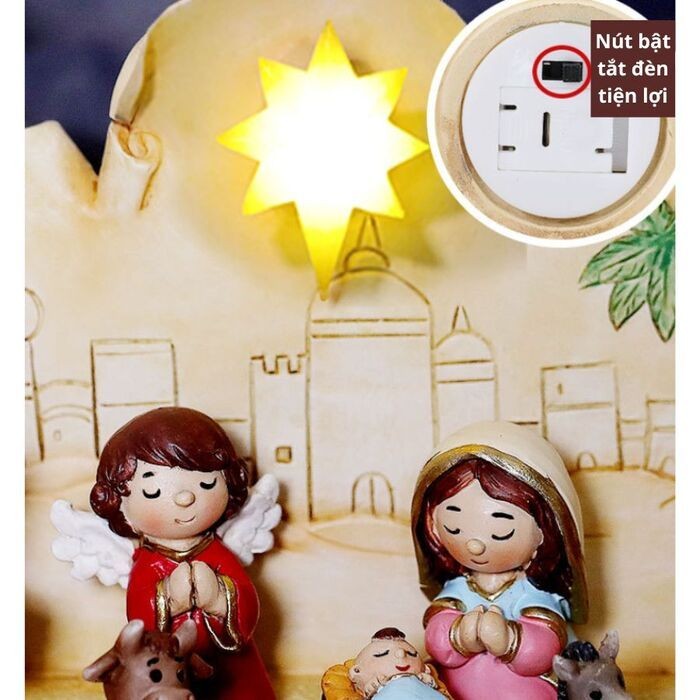 Mô hình hang đá đêm đông Giáng Sinh, trang trí Noel tượng để bàn có ánh đèn vàng ấm áp