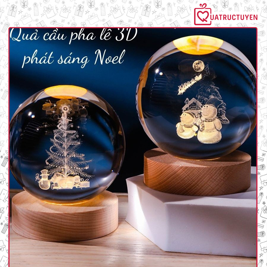 Quả cầu pha lê 3D phát sáng Noel, Quả cầu với hoạ tiết , ông già Noel, người tuyết, cây thông