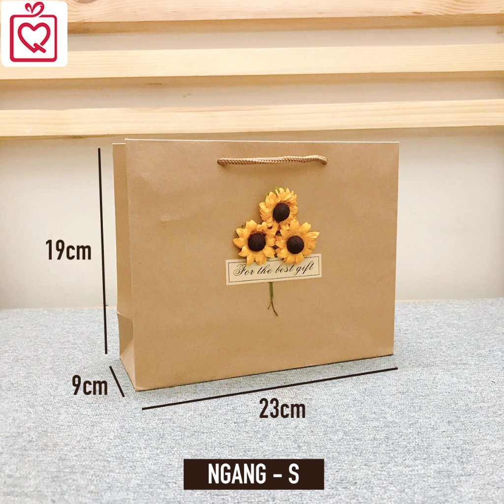 [Combo 3]Túi quà kraft Vintage đựng quà tặng gắn hoa, trang trí đẹp mắt T01- túi giấy màu nâu kraft quai xách