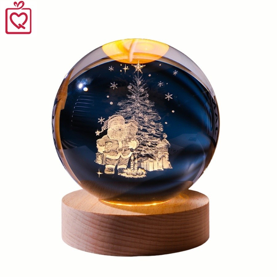 Quả cầu pha lê 3D phát sáng Noel, Quả cầu với hoạ tiết , ông già Noel, người tuyết, cây thông