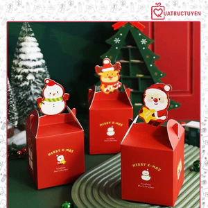 Hộp đựng quà Giáng sinh mini nắp cài vuông 8,5cm, hộp giấy quà tặng Noel người tuyết, cây thông cute