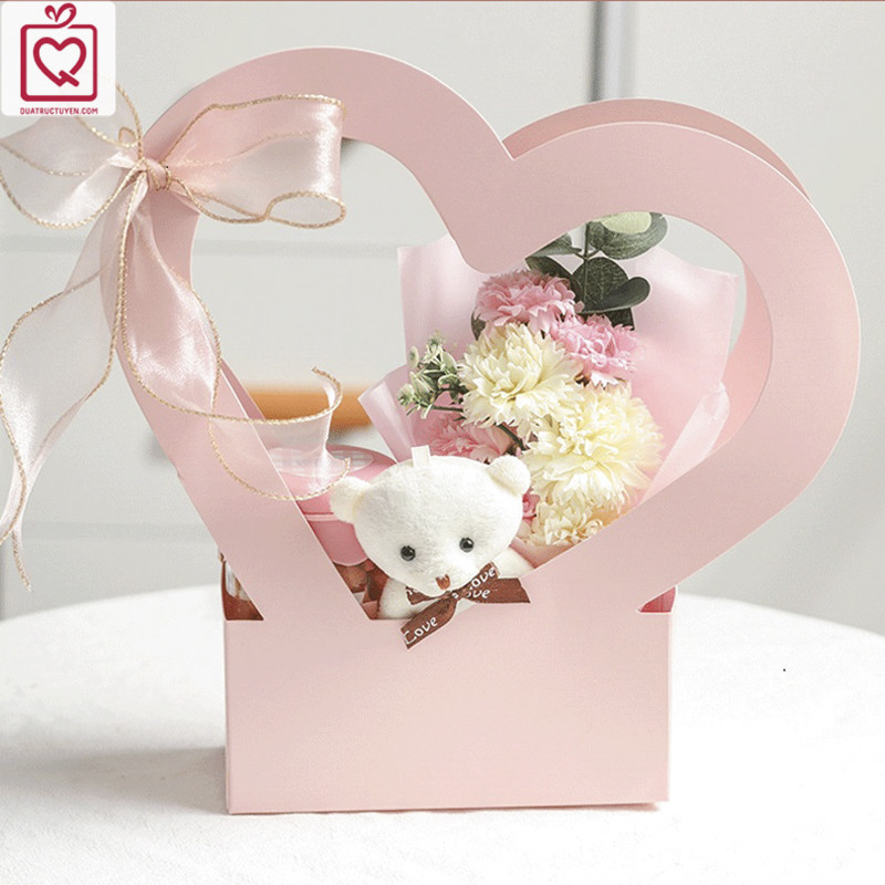 Hộp đựng hoa hình trái tim H25 Giỏ cắm hoa quai xách tặng người yêu, bạn gái - dịp Sinh nhật, cưới