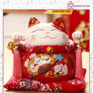 Mèo thần tài đỏ 21cm Phát đại bội thu/ Tấn tài tấn lộc gốm sứ