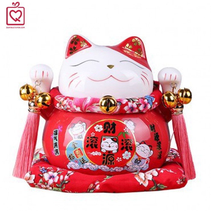 Mèo thần tài đỏ 21cm Phát đại bội thu/ Tấn tài tấn lộc gốm sứ