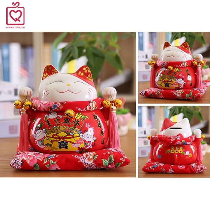 Mèo thần tài đỏ 21cm Phát đại bội thu/ Tấn tài tấn lộc gốm sứ