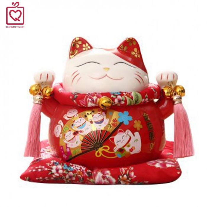 Mèo thần tài đỏ 21cm Phát đại bội thu/ Tấn tài tấn lộc gốm sứ
