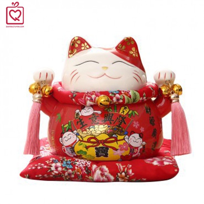 Mèo thần tài đỏ 21cm Phát đại bội thu/ Tấn tài tấn lộc gốm sứ