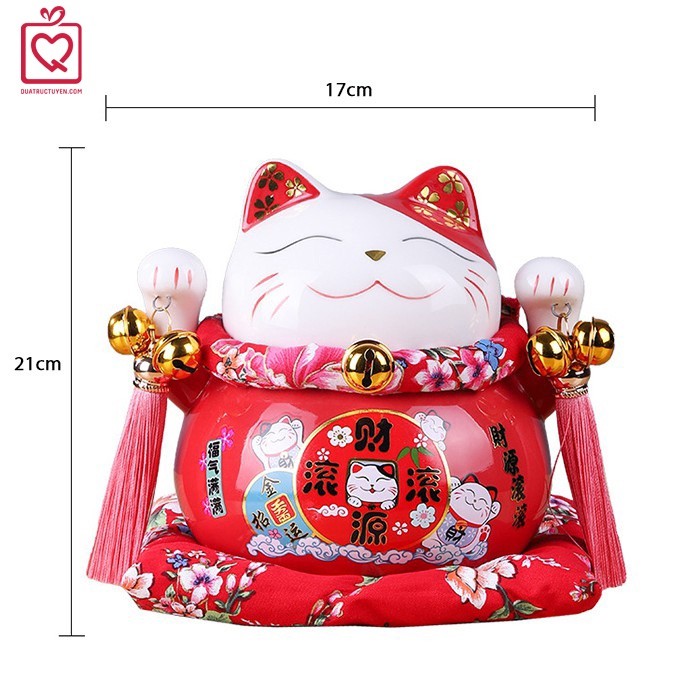 Mèo thần tài đỏ 21cm Phát đại bội thu/ Tấn tài tấn lộc gốm sứ