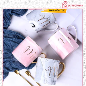 Cốc sứ họa tiết vân đá Mr Mrs 450ml kèm thìa, ly sứ uống trà, nước văn phòng