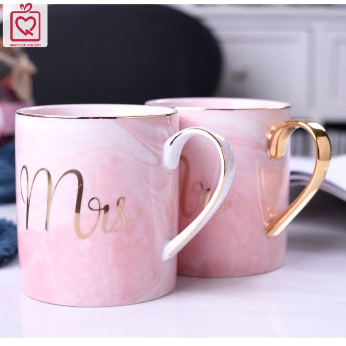Cốc sứ họa tiết vân đá Mr Mrs 450ml kèm thìa, ly sứ uống trà, nước văn phòng