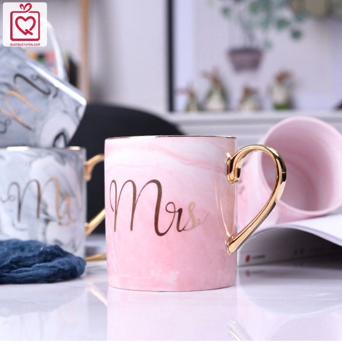 Cốc sứ họa tiết vân đá Mr Mrs 450ml kèm thìa, ly sứ uống trà, nước văn phòng